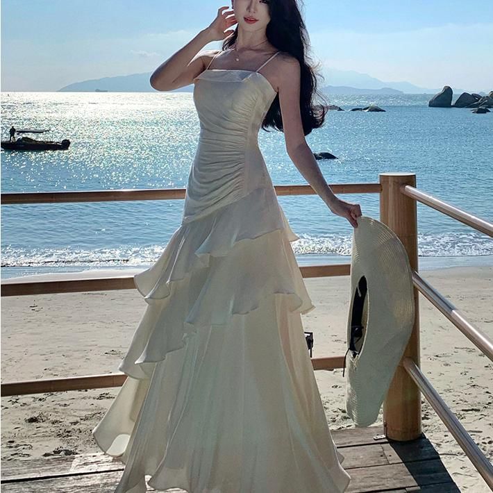 Spaghetti Strap Plain Ruffle Ruched A-Line Evening Dress