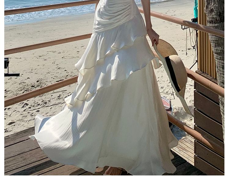 Spaghetti Strap Plain Ruffle Ruched A-Line Evening Dress