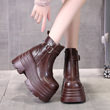 Platform Plain Buckled Zip-Up Genuine Leather Short Boots