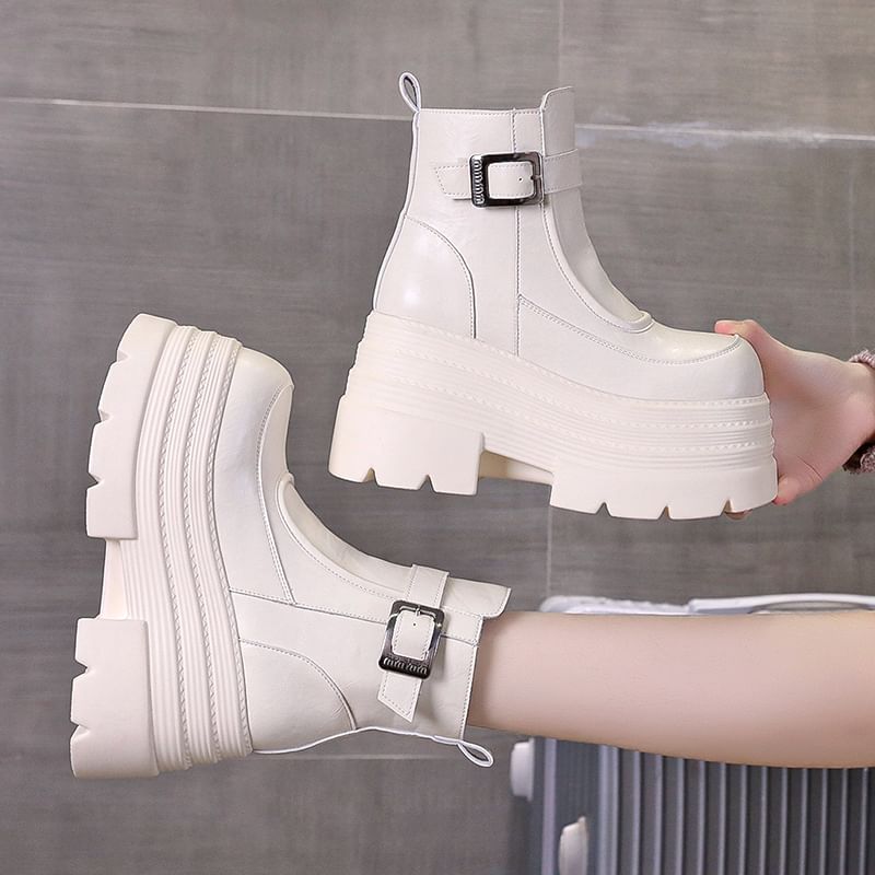Platform Plain Buckled Zip-Up Genuine Leather Short Boots