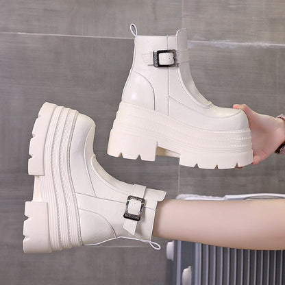 Platform Plain Buckled Zip-Up Genuine Leather Short Boots