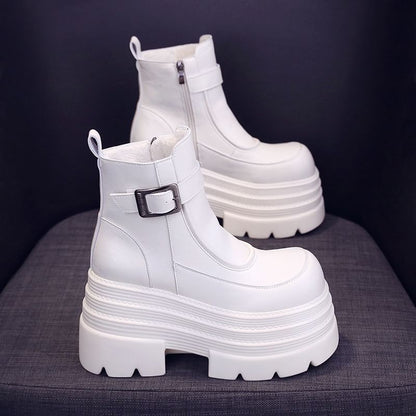Platform Plain Buckled Zip-Up Genuine Leather Short Boots