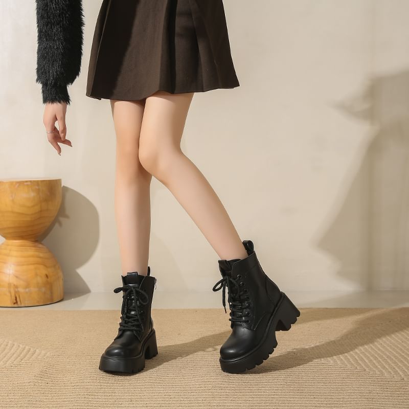 Platform Plain Lace-Up Genuine Leather Short Boots