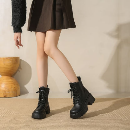 Platform Plain Lace-Up Genuine Leather Short Boots