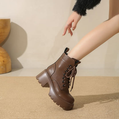 Platform Plain Lace-Up Genuine Leather Short Boots