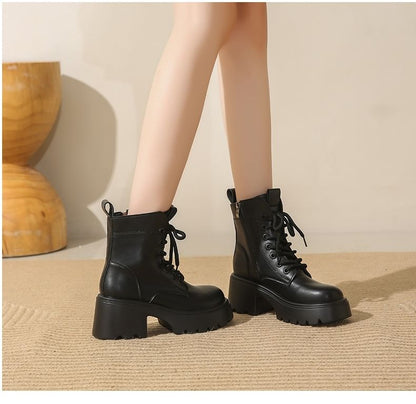 Platform Plain Lace-Up Genuine Leather Short Boots
