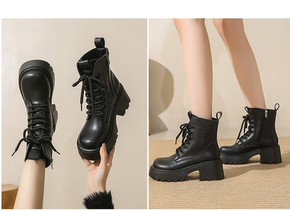 Platform Plain Lace-Up Genuine Leather Short Boots
