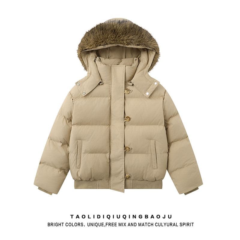Fluffy Hooded Plain Button Up Puffer Jacket