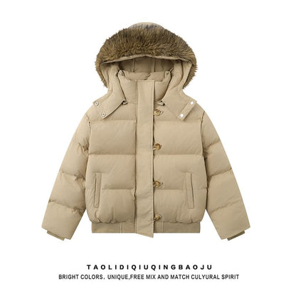 Fluffy Hooded Plain Button Up Puffer Jacket
