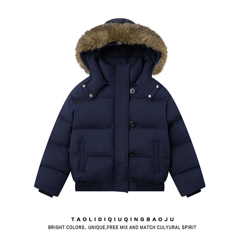 Fluffy Hooded Plain Button Up Puffer Jacket