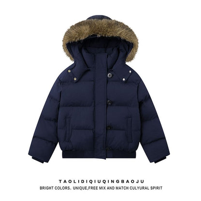 Fluffy Hooded Plain Button Up Puffer Jacket