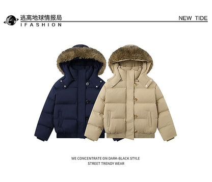 Fluffy Hooded Plain Button Up Puffer Jacket