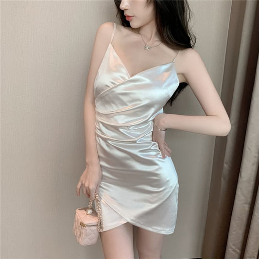 Spaghetti Strap V-Neck Plain Mini Bodycon Evening Dress