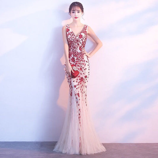 Sleeveless V-Neck Sequin Mesh Mermaid Evening Gown