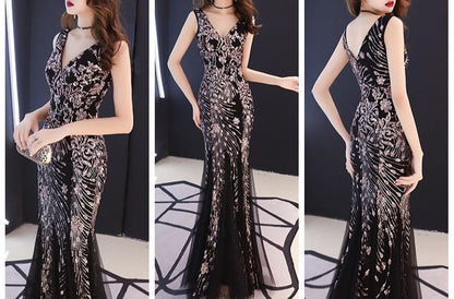 Sleeveless V-Neck Sequin Mesh Mermaid Evening Gown