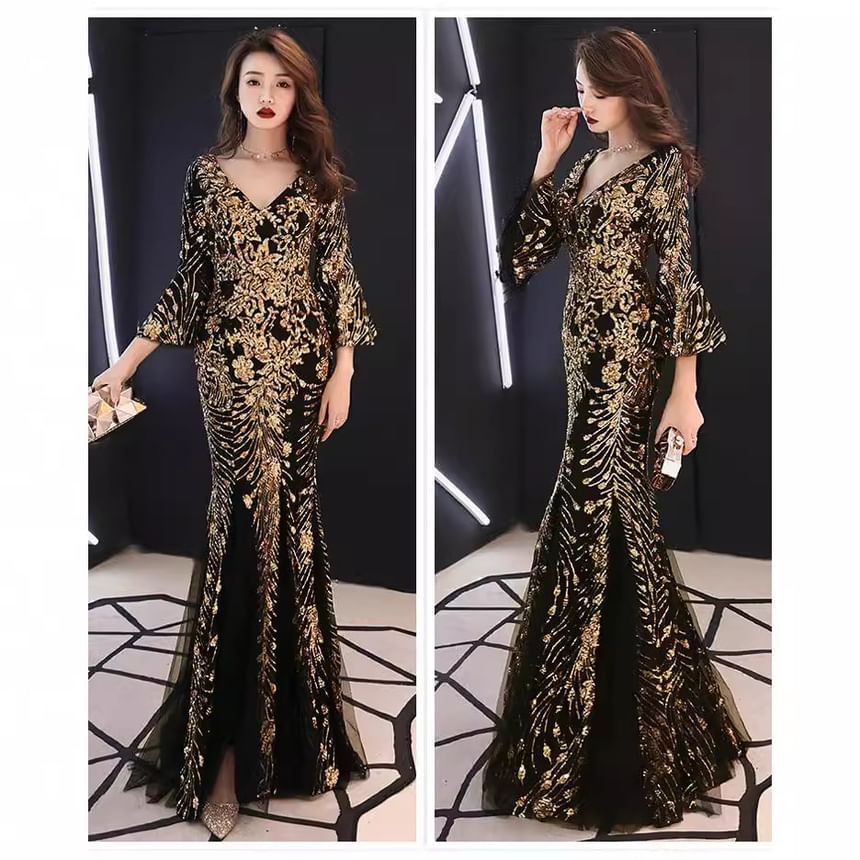3/4-Sleeve V-Neck Metallic Mermaid Evening Gown