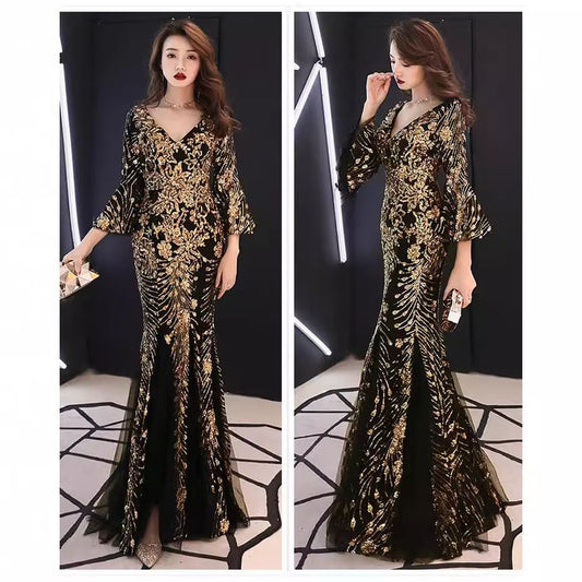 3/4-Sleeve V-Neck Metallic Mermaid Evening Gown