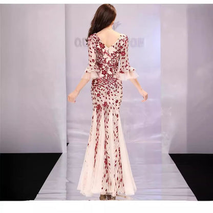3/4-Sleeve V-Neck Metallic Mermaid Evening Gown