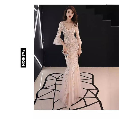 3/4-Sleeve V-Neck Metallic Mermaid Evening Gown