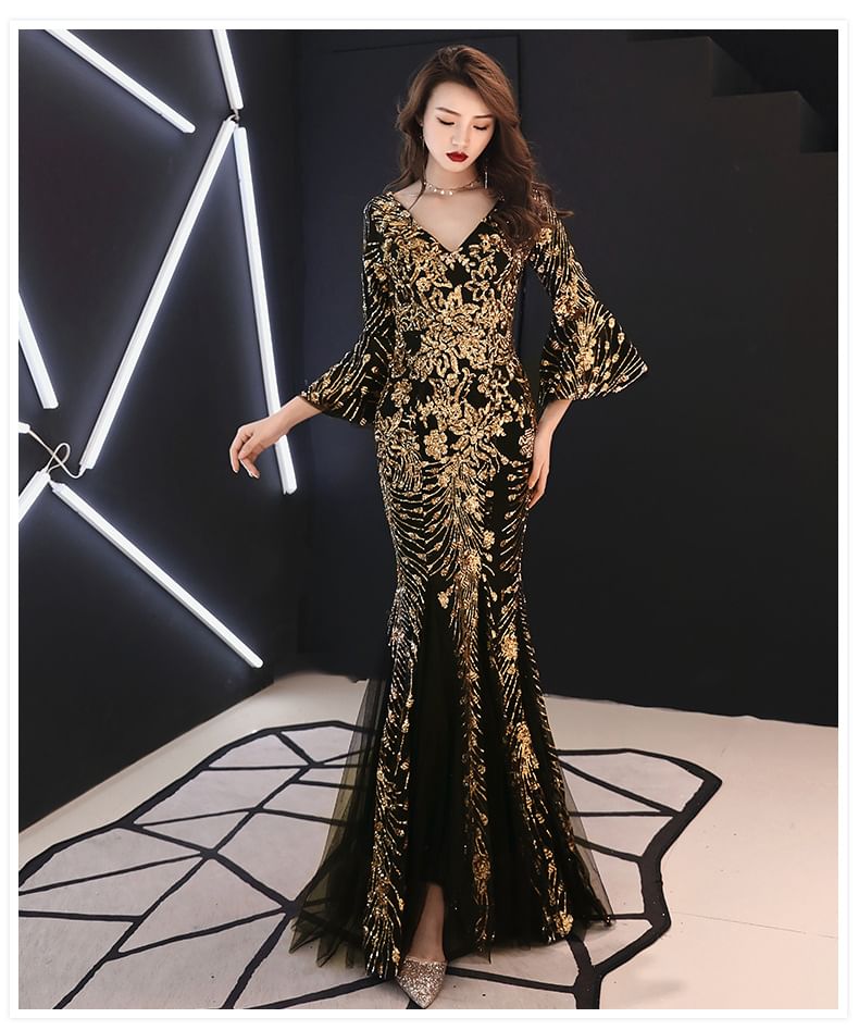 3/4-Sleeve V-Neck Metallic Mermaid Evening Gown