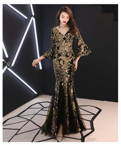 3/4-Sleeve V-Neck Metallic Mermaid Evening Gown