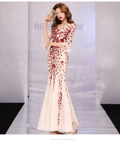 3/4-Sleeve V-Neck Metallic Mermaid Evening Gown