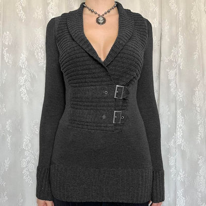 V-Neck Plain Buckle Up Cropped Sweater