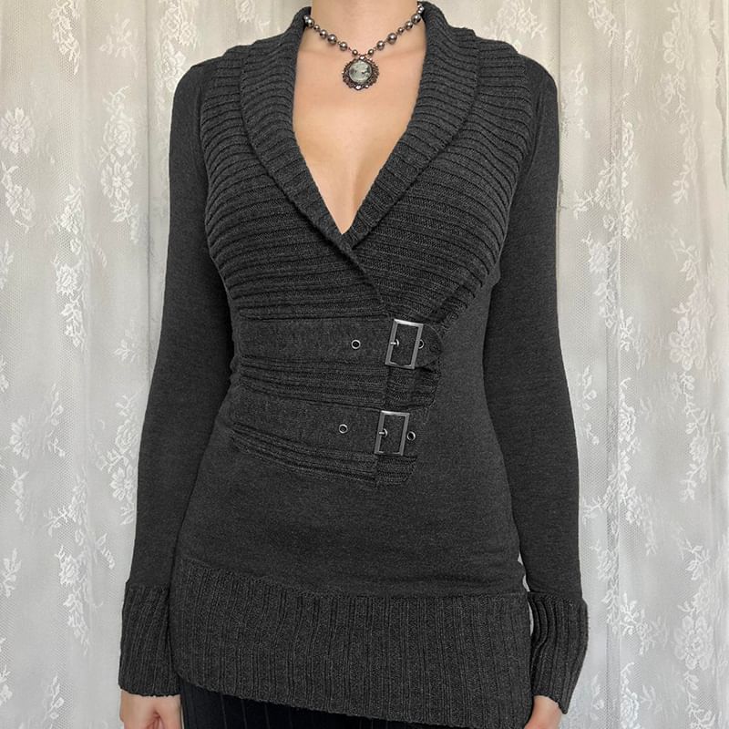 V-Neck Plain Buckle Up Cropped Sweater