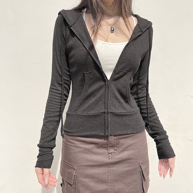 Plain Drawstring Up Hoodie Zip