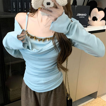 Off Shoulder Long Sleeve Mock Two Piece Top