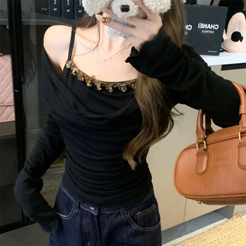 Off Shoulder Long Sleeve Mock Two Piece Top