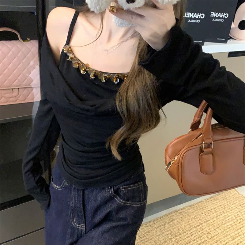 Off Shoulder Long Sleeve Mock Two Piece Top