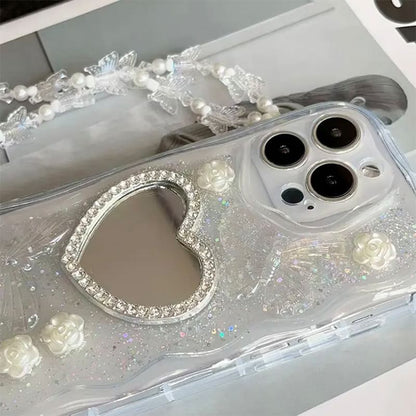 Heart Mirrored Phone Case / Faux Pearl Strap / Set