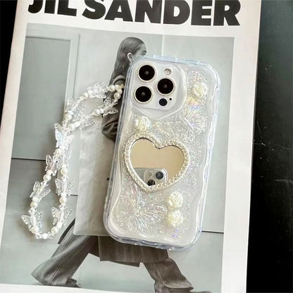 Heart Mirrored Phone Case / Faux Pearl Strap / Set