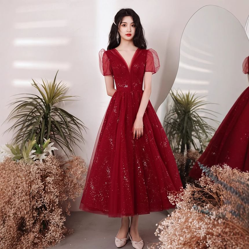 Puff Sleeve V-Neck Plain Glitter Mesh Midi A-Line Cocktail Dress