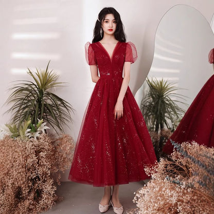 Puff Sleeve V-Neck Plain Glitter Mesh Midi A-Line Cocktail Dress