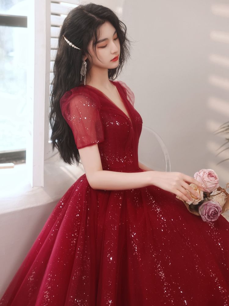 Puff Sleeve V-Neck Plain Glitter Mesh Midi A-Line Cocktail Dress