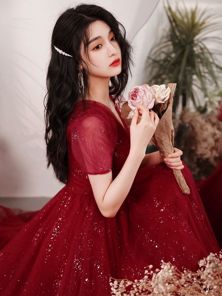 Puff Sleeve V-Neck Plain Glitter Mesh Midi A-Line Cocktail Dress