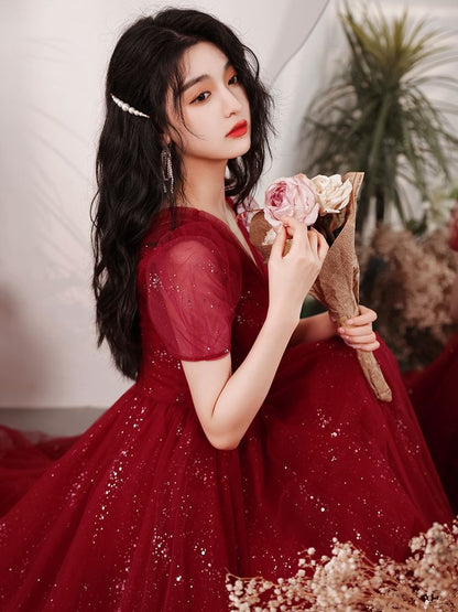 Puff Sleeve V-Neck Plain Glitter Mesh Midi A-Line Cocktail Dress