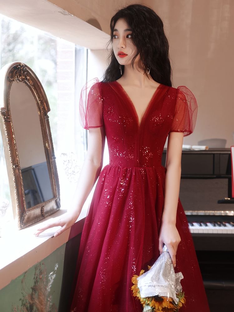 Puff Sleeve V-Neck Plain Glitter Mesh Midi A-Line Cocktail Dress