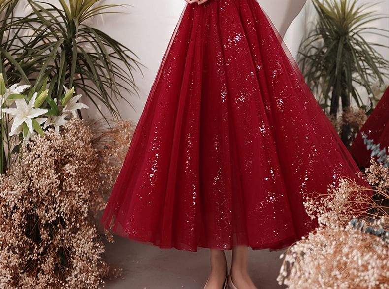 Puff Sleeve V-Neck Plain Glitter Mesh Midi A-Line Cocktail Dress