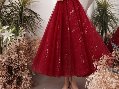 Puff Sleeve V-Neck Plain Glitter Mesh Midi A-Line Cocktail Dress