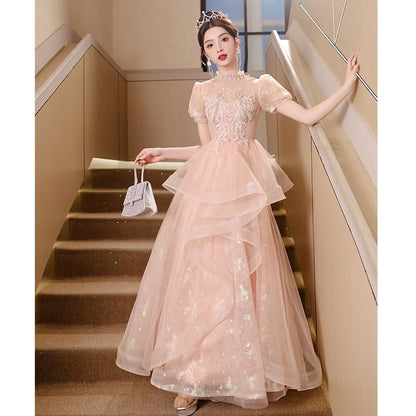Long Sleeve Stand Collar Applique Beaded Ruffle Mesh A-Line Evening Dress