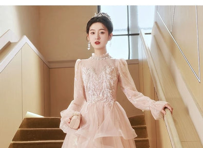 Long Sleeve Stand Collar Applique Beaded Ruffle Mesh A-Line Evening Dress