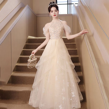 Panel Sleeveless Gown Cold A-Line Evening Shoulder Mesh Sequin