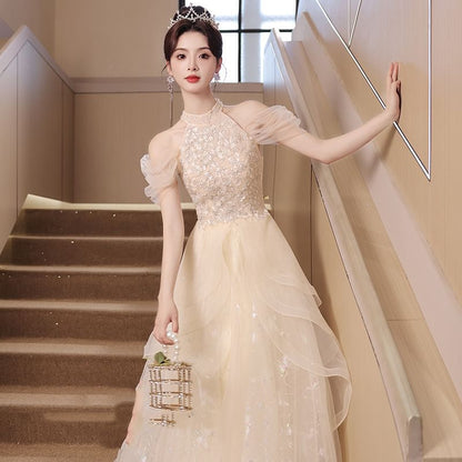 Panel Sleeveless Gown Cold A-Line Evening Shoulder Mesh Sequin