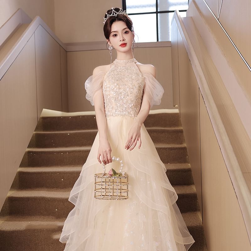 Panel Sleeveless Gown Cold A-Line Evening Shoulder Mesh Sequin