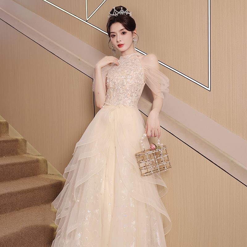 Panel Sleeveless Gown Cold A-Line Evening Shoulder Mesh Sequin