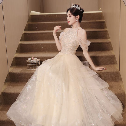 Panel Sleeveless Gown Cold A-Line Evening Shoulder Mesh Sequin