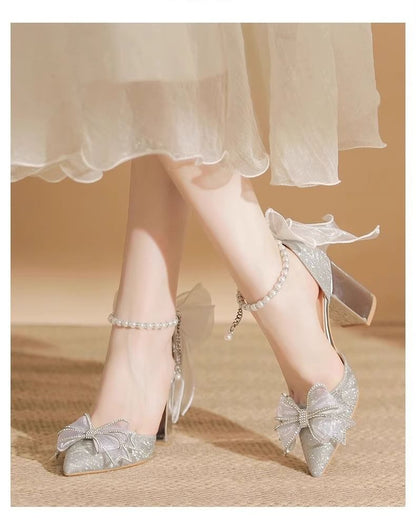 Block Heel Bow Glitter Pointy Sandals